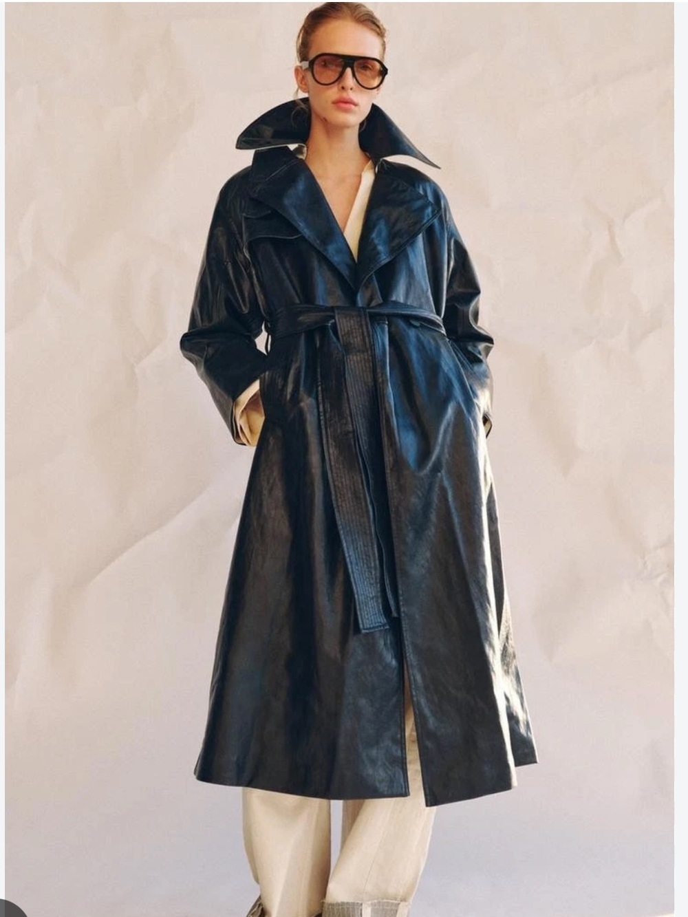 Zara Navy Faux Leather Trench Coat with Belt
